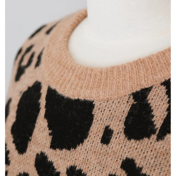 Camel Beige Leopard Crewneck Oversize Cozy Sweater - Picture 4 of 8